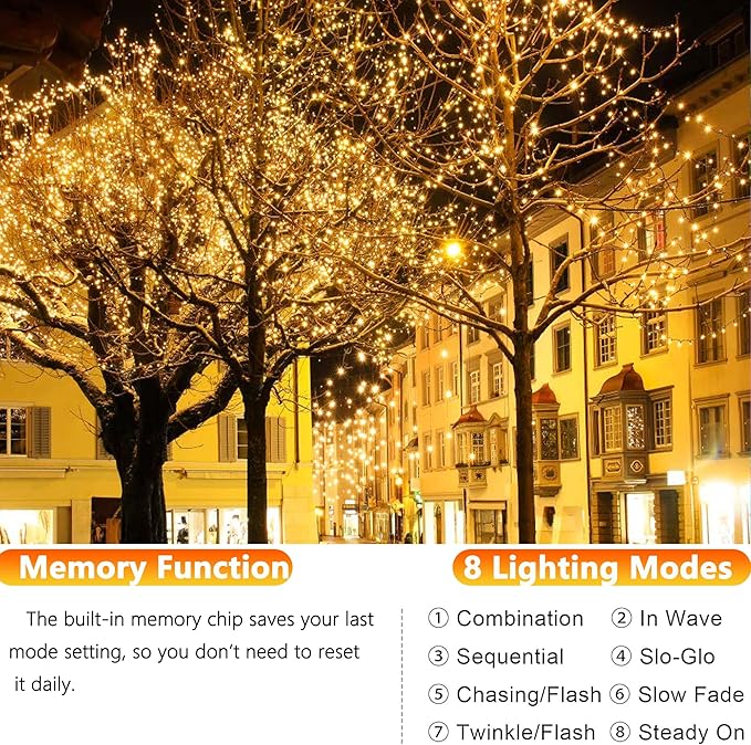 Joomer Solar Fairy Lights, 4-Pack Total 104FT 320LED Solar String Lights Outdoor Waterproof 8 Lighting Modes for Patio Fence Party Garden Yard Home Holiday Tree Outdoor Decoration (Warm White)
