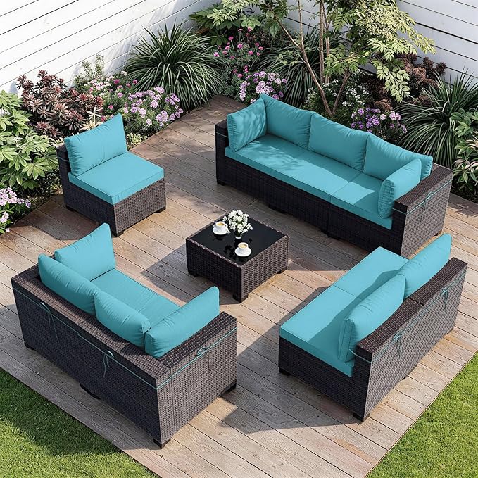 ALAULM Patio Furniture Set with Coffee Table, 9 Pieces Outdoor Sectional with Wide Seat and Thick Cushion, All Weather Wicker Rattan Conversation Set for Backyard, Garden, Deck, Turquoise
