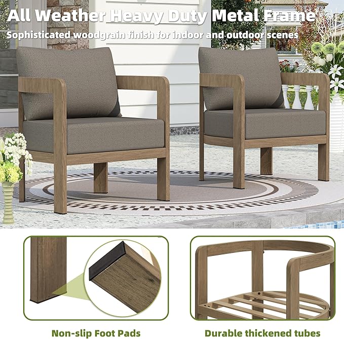 Outdoor Furniture Set, 2Pcs Patio Armchairs, Metal Modern Outside Furniture with 6'' Thick Cushions, Outdoor Conversation Set Balcony Chairs for Backyard, Porch,Deck,Brown