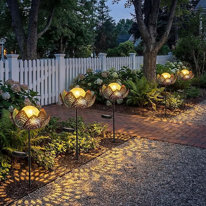6 Pack Solar Stake Lights Outdoor Decorative Metal Ground Pathway LED Stake Lights Replacement Stakes Built-in Rechargeable Battery for Lawn Patio Yard Outdoor Garden Decor