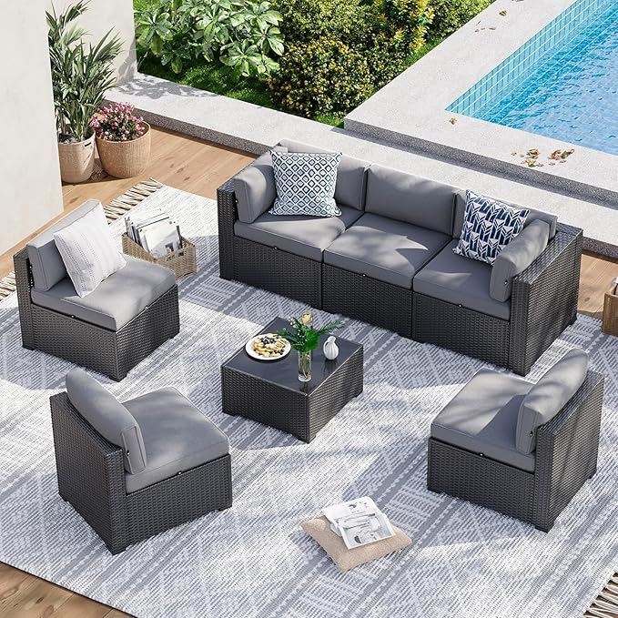 Aoxun 7 Piece Patio Furniture Set Wicker Rattan Patio Sectional Sofa Set Outdoor Seating Furniture with Thickened Cushion, Grey