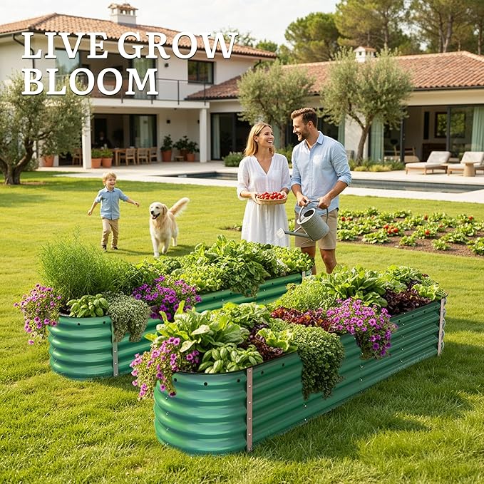 YITAHOME 17" Tall 9 in 1 Large Raised Garden Bed Kit, 8x2x1.4ft Galvanized Metal Planter Box with Gloves & Safety, Outdoor Above Ground Planters for Plants Vegetables Flowers, Green