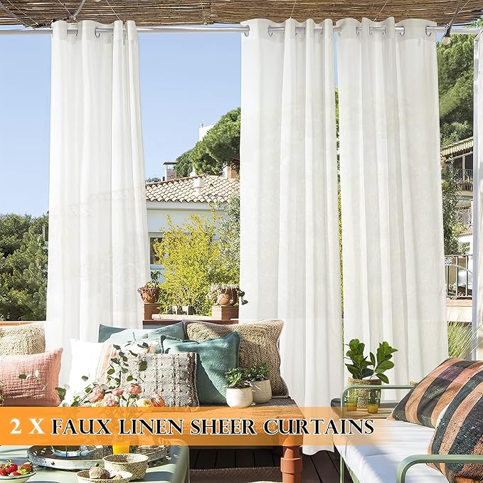 RYB HOME Linen Sheer Outdoor Curtains 84 inch Length 2 Panels Set, Lightweight Waterproof Grommet Top Burlap Linen Panels for Patio, Pergola, Porch, W52 x L84 Inch, 1 Pack with Tieback Ropes