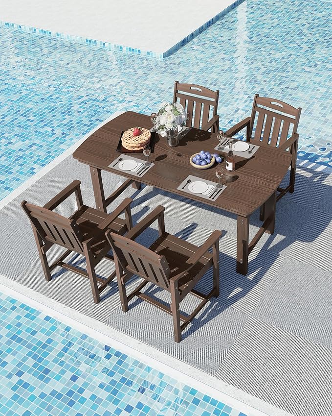 Ciokea HDPE Outdoor Dining Set, 5-Piece Patio Table and Chairs Set with Umbrella Hole, All-Weather Patio Dining Sets for 4, Durable Patio Furniture for Backyard, Garden, Lawn & Poolside, Brown
