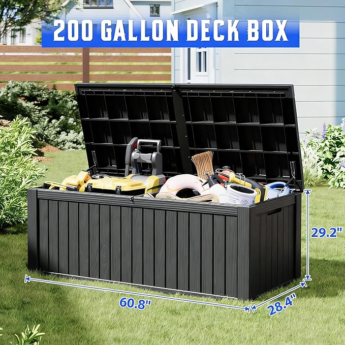 Outdoor Storage Box, Resin Deck Boxes Indoor and outdoor, Waterproof Storage Box Lockable Lid (Black,200 Gallon)