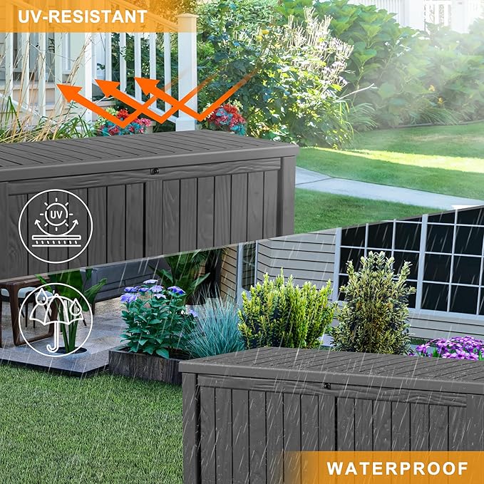 ROJIK 150 Gallon Outdoor Storage Box Waterproof - Patio Furniture Outside Deck Box, Garden Tools, Cushions, Pool Accessories Storage Bench with Lockable Lid and Side Handles (Black, 150 Gal)