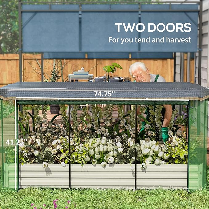 Outsunny 7.3 x 3.4 x 1 ft Galvanized Raised Garden Bed with Crop Cage Plant Protection Net and Shade Cloth Roof, Metal Planter Box with Cover for Vegetables, Flowers, Herbs, Beige