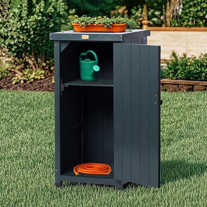 HABAU Outdoor Storage Cabinet for Patio, Garden Potting Bench Table with Shelves & Metal-Tabletop, Wooden Planting Work Station, Weatherproof