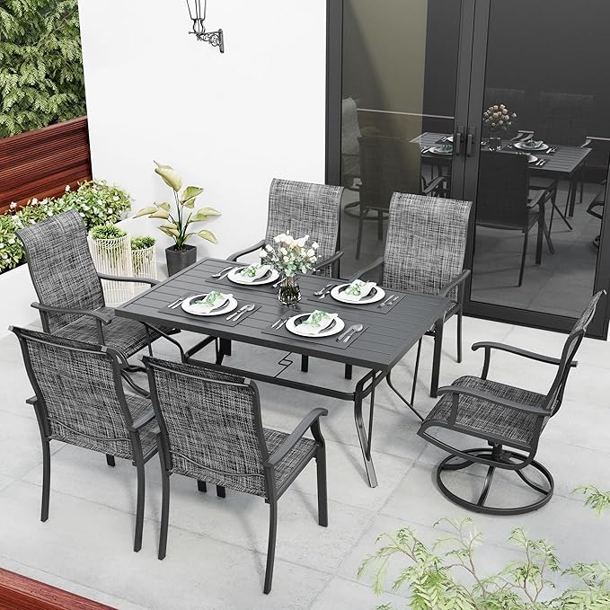 Pamapic 7-Piece Outdoor Dining Set, Patio Dining Set for 6, All-Weather Outdoor Patio Set with 2 Textilene Swivel Chairs & 4 Regular Chairs for Garden, Poolside, Deck，Gray