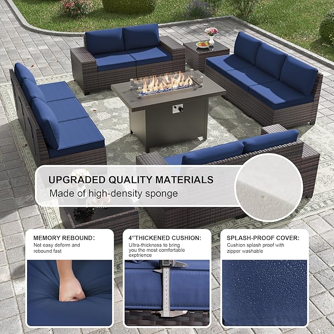 Kullavik 13PCS Outdoor Patio Furniture Set with 43" 55000BTU Gas Propane Fire Pit Table PE Wicker Rattan Sectional Sofa Patio Conversation Sets,Navy Blue