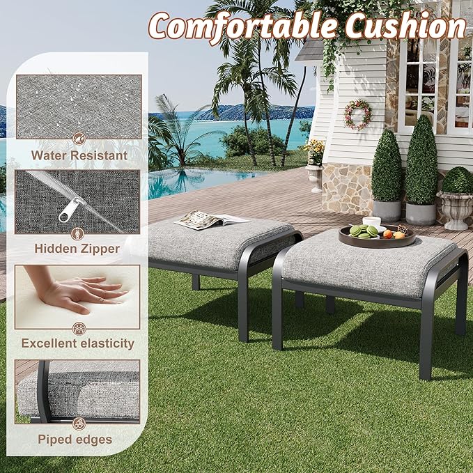 HOMREST Metal Outdoor Ottoman, 2-Piece Aluminum Footstool w/Removable Cushion, Multipurpose Footrest Stool Additional Seating, Set of 2 Outdoor Ottomans for Patio Deck (Grey)