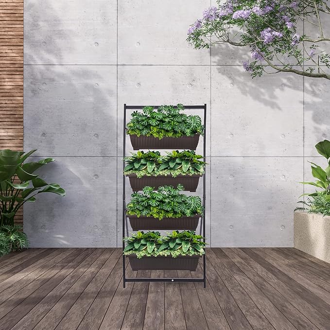 KHOMO GEAR Vertical Garden Planter Balcony Garden Outdoor 4 Tier Raised Bed Box with Stacking Planters Indoor Patio Tower for Plants Vegetables Flowers & Herbs