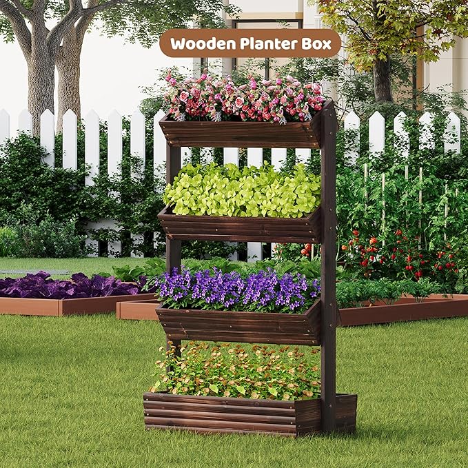 FILWH Wooden Raised Garden Bed Vertical Planter Box, Freestanding Plant Stand for Indoor Outdoor Plants, Herbs, Flowers, Vegetables, Gardening (Carbonized, 4-Tier，29.9 x 17.9 x 55in)
