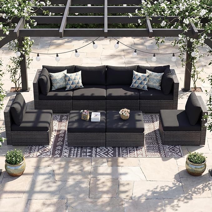 NICESOUL 8 Piece Outdoor Patio Set, 29.3'' High Back Extra Large Wicker Patio Furniture, Deep Seating Comfy L Shaped Modular Sectional Set of 8, Modern Wide Conversation, 2 Color Cushion Black & Gray