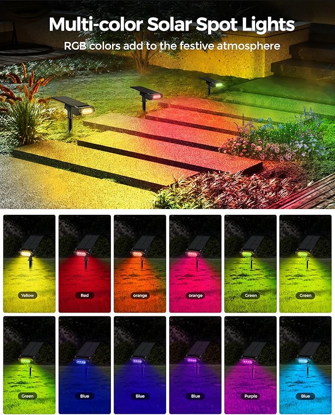 RGB Christmas Solar Spot Lights Outdoor, 12 RGB Color Modes Landscape Light Waterproof IP67 with Remote Control, 2-in-1 Color Changing RGB/Cool/Warm White for Yard Garden Christmas 4 Pack