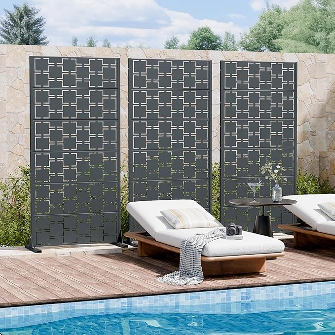 Casaphoria Metal Privacy Screen Outdoor, 60" H x 30" W Freestanding Decorative Privacy Screen for Patio Deck Balcony Garden with Stable Base, Darkgray-Square
