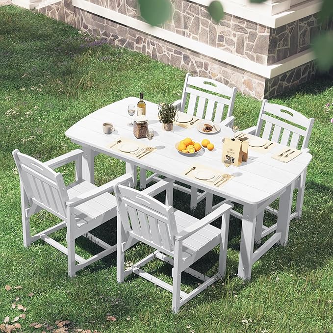 HDPE Outdoor Patio Dining Set with Table & 4 Chairs, All-Weather 5-Piece Outdoor Table and Chairs, 2" Umbrella Hole, Patio Furniture for Garden, Backyard, Deck | White