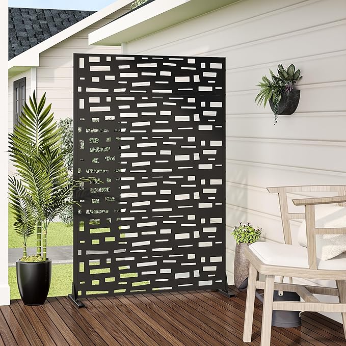 Casaphoria Metal Privacy Screen Outdoor, 72" H x 47" W Freestanding Decorative Privacy Screen for Patio Deck Balcony Garden with Stable Base, Black-Gerald