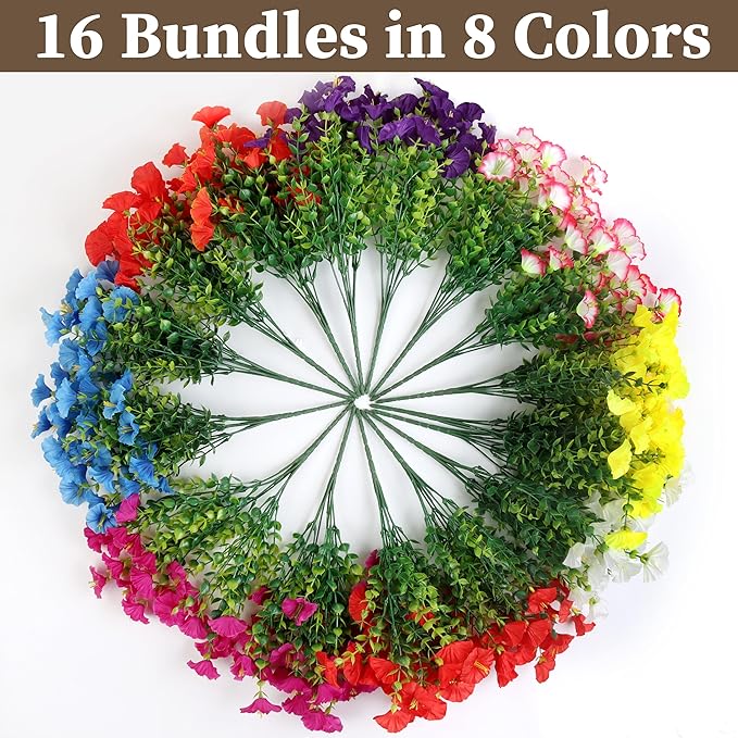 16PCS Artificial Fake Flowers for Outdoors/Indoors, Faux Silk Colorful Morning Glory with Eucalyptus, UV Resistant Realistic Floral Arrangement for Garden Porch Window Box Home Balcony Yard (8 Colors)
