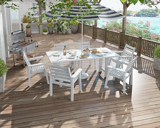 AMERLIFE 7-Piece HDPE Outdoor Dining Set with Umbrella Hole, 71" L Patio Table and Chairs Set for 6, Modern Garden Dining Set for Backyard, Poolside, Seaside, Porch, White