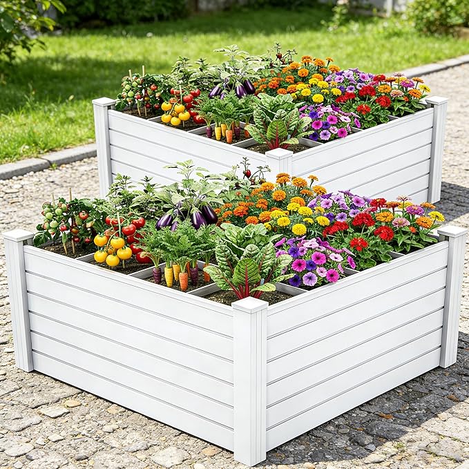YITAHOME 48x48x24 in Plastic Raised Garden Bed 2pcs with Growth Grid, Large Outdoor Vinyl Planter Box for Plants, Vegetables, and Flowers, Easy Installation, White