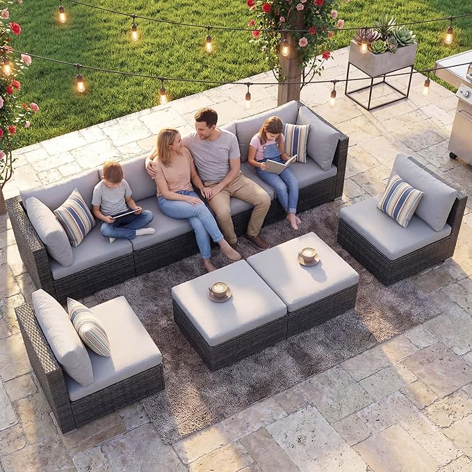 NICESOUL 8 Person Outdoor Patio Furniture Set, Extra Large Wicker Sectional Sofa with Ottoman, All-Weather Wide and Deep Seating Conversations for Outside Garden, 29.3'' High Back Comfy Couches,Grey