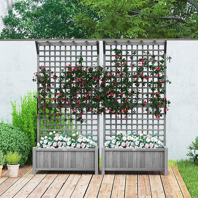 Outsunny Wood Planter with Trellis, Raised Garden Bed for Climbing Plants w/Drainage Holes and Roof, 35.5" x 17.75" x 72", Pack of 2, Dark Gray