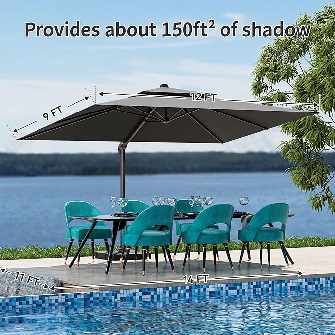 9x12FT Grey Cantilever Outdoor Patio Umbrella with Base, Large Rectangular Offset Design, Double Top Heavy Duty Aluminum Frame & 360° Rotation for Pool Garden Deck Backyard