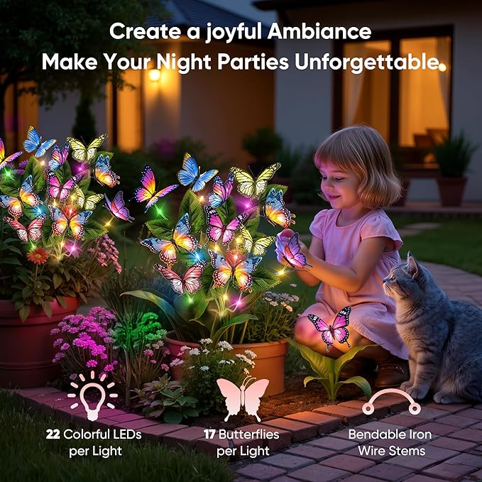 Solar Lights Outdoor Garden Decor: 2 Pack 34 Silk Butterflies with 44 Color-Changing LEDs - Auto On/Off 12H Magical Lighting IP65 Waterproof for Yard Patio Pathway - Unique Gifts for Mom Grandma