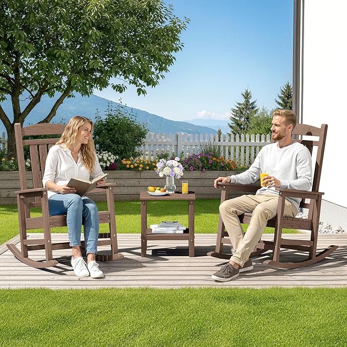 SERWALL HDPE Outdoor Rocking Chair Set of 2, Patio Rocking Chairs, All-Weather Porch Rockers for Adults, Brown