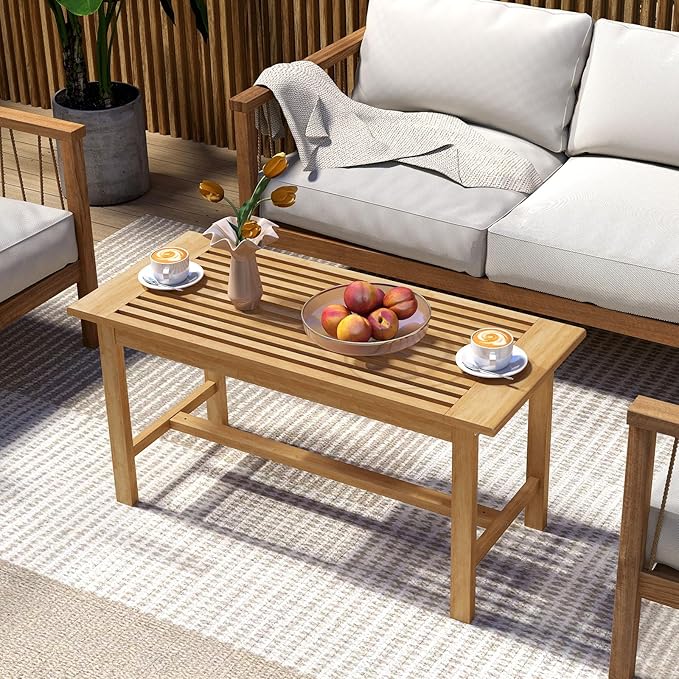 Tangkula 36” Patio Coffee Table, Solid Wood Coffee Table with Slatted Tabletop, Outdoor Rectangular Side Table, Solid Teak Wood Cocktail Tea Table, Home Accent Table for Poolside, Backyard, Garden
