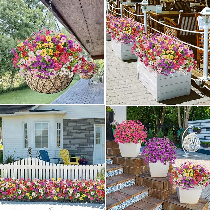Bassion Artificial Flowers for Outdoors, 24 Bundles UV Resistant Fake Flowers Realistic Silk Faux Plants for Outdoor Planter Window Box Porch Patio Garden Home Outside Decorations