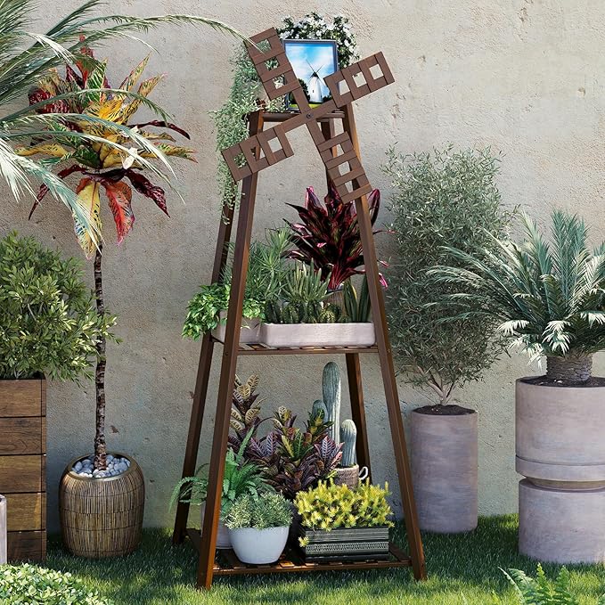 COPREE 3-Tier Tower Plant Stand Display Rack with Windmill Top,Bamboo Vintage Flower Pot Holder Shelf for Patio Balcony Decoration