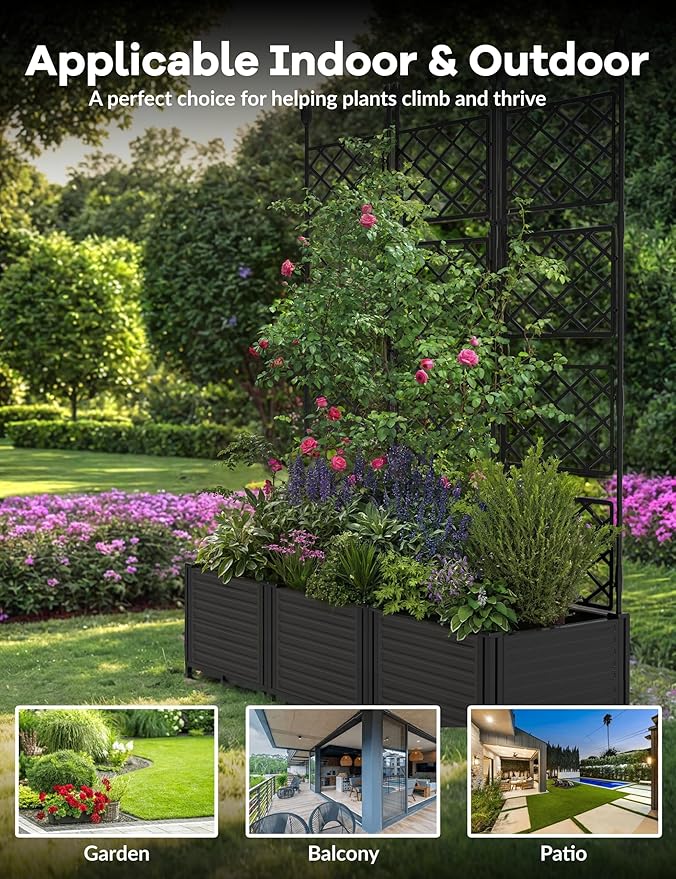 IDEALHOUSE 3 PCS Raised Garden Bed with Trellis, 50" W×63" T Plastic Planter Box with Privacy Screen, Sturdy Lightweight Vertical Garden for Climbing Plants Patio Balcony Backyard
