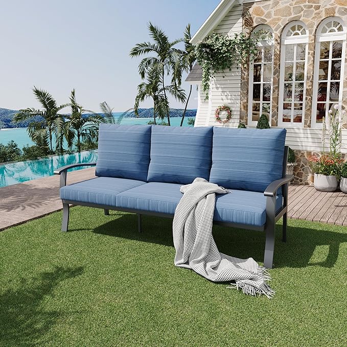 HOMREST Outdoor Couch Aluminum Patio Furniture Sofa, 3-Seat All-Weather Metal Outdoor Patio Furniture with Cushions, Blue