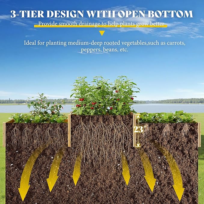 AMERLIFE 2 Tier Raised Garden Bed, Mortise & Tenon Structure 23 Inch Depth Fir Wood Planter Box, 3-Section with Open Base, Ideal for Vegetables, Flowers, Herbs in Backyard/Garden/Patio, 142x49x24 in