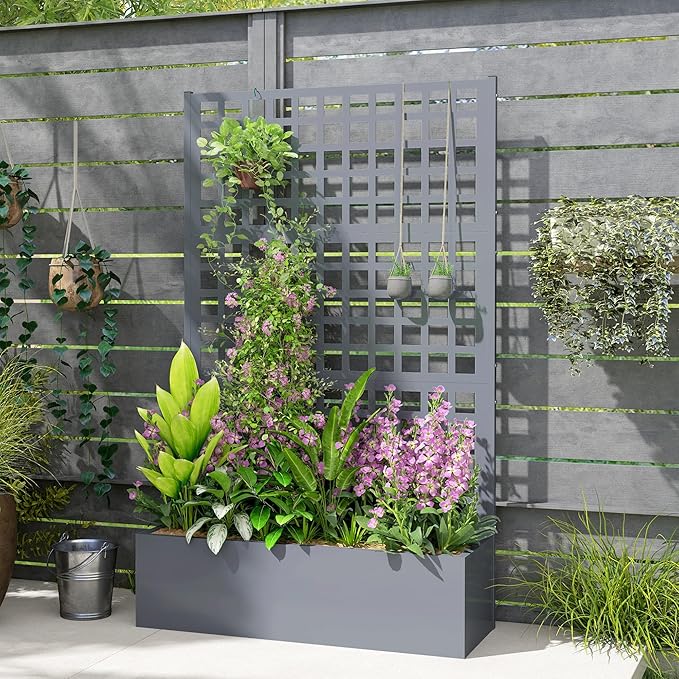 Outsunny Galvanized Raised Garden Bed with Trellis, Metal Planter Box with Drainage Holes, Outdoor Privacy Screen for Climbing Plants, Vegetable, Vines, 43" x 16" x 70", Gray Wood Effect