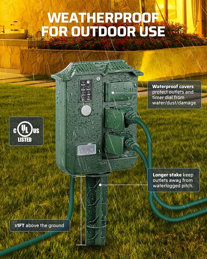 DEWENWILS Outdoor Power Stake Timer Waterproof, 6 Grounded Outlets, 6FT Extension Cord, 100FT Wireless Remote Control, Photocell Dusk to Dawn Timer for Lights, Yard, Garden, UL Listed