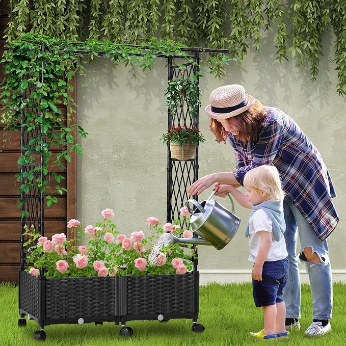 Planter with Trellis Raised Garden Beds, 4.5ft Tall with Screen Indoor Outdoor, Vegetable Flower Privacy Planter Box for Backyard Balcony Patio, Black