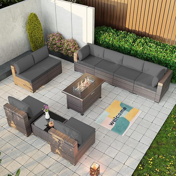 Kullavik 10 Pieces Outdoor Patio Furniture Set with 43" 55000BTU Gas Propane Fire Pit Table PE Wicker Rattan Sectional Sofa Patio Conversation Sets,Grey