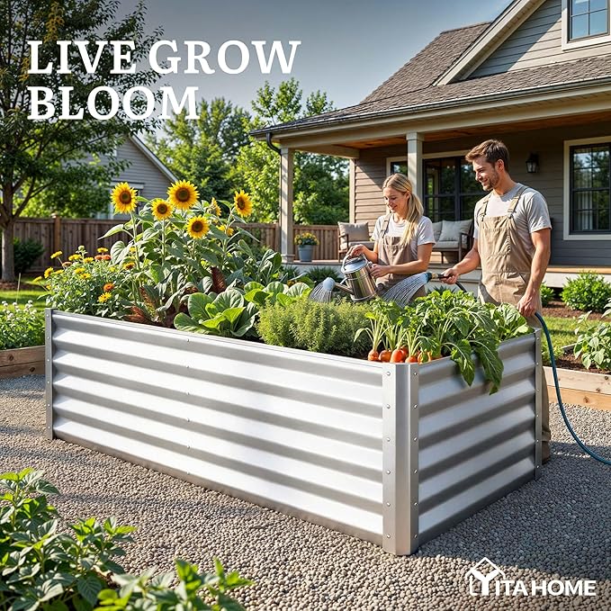 YITAHOME 6x3x3ft Large Raised Garden Bed Kit, Galvanized Metal Planter Box with Gloves, Support Rod, Outdoor Above Ground Planters for Plants Vegetables Flowers, Silver