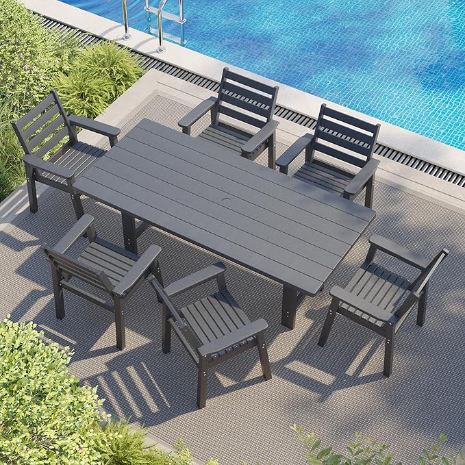 AMERLIFE 7-Piece HDPE Outdoor Dining Set with Umbrella Hole, 71" L Patio Table and Chairs Set for 6, Modern Garden Dining Set for Backyard, Poolside, Seaside, Porch, Gray