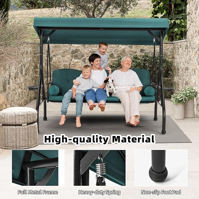 HOMREST 3 Seat Outdoor Porch Swing with Adjustable Canopy, Convertible Patio Swing Bed with Stand, Patio Glider Swing with Upgraded Cup Holder, Thicken Cushions ＆ Pillow for Backyard（Green）