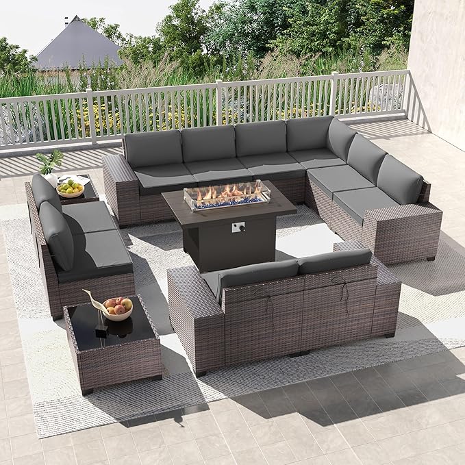 Kullavik 13PCS Outdoor Patio Furniture Set with 43" 55000BTU Gas Propane Fire Pit Table PE Wicker Rattan Sectional Sofa Patio Conversation Sets,Grey