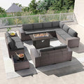 Kullavik 13PCS Outdoor Patio Furniture Set with 43" 55000BTU Gas Propane Fire Pit Table PE Wicker Rattan Sectional Sofa Patio Conversation Sets,Grey