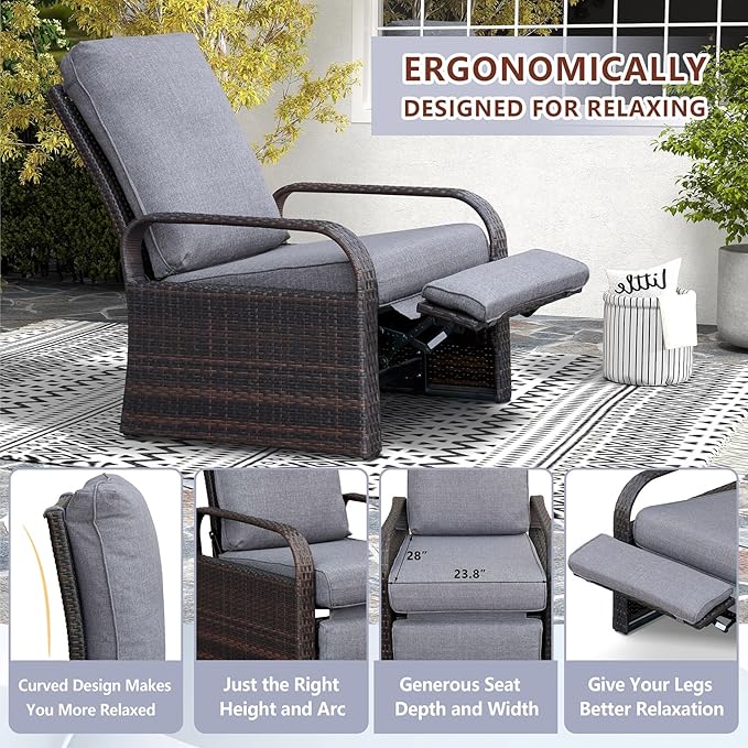 ATR ART TO REAL Outdoor Wicker Recliner Chair with 5.5'' Cushions, Automatic Adjustable Patio Chaise Lounge Chairs, Aluminum Frame Reclining Chair, UV Resistant, Rustless (Grey)