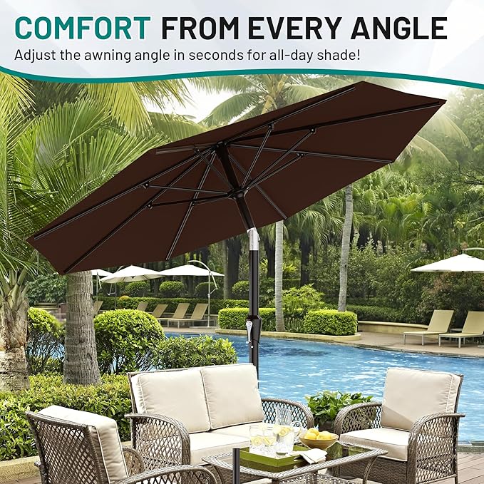 AreShark 9 FT Patio Umbrella for Outdoor, Outdoor Table Umbrella with Push Button Tilt and Crank, Outdoor Patio Umbrellas with 8 Sturdy Ribs for Market, Garden, Pool (Brown)