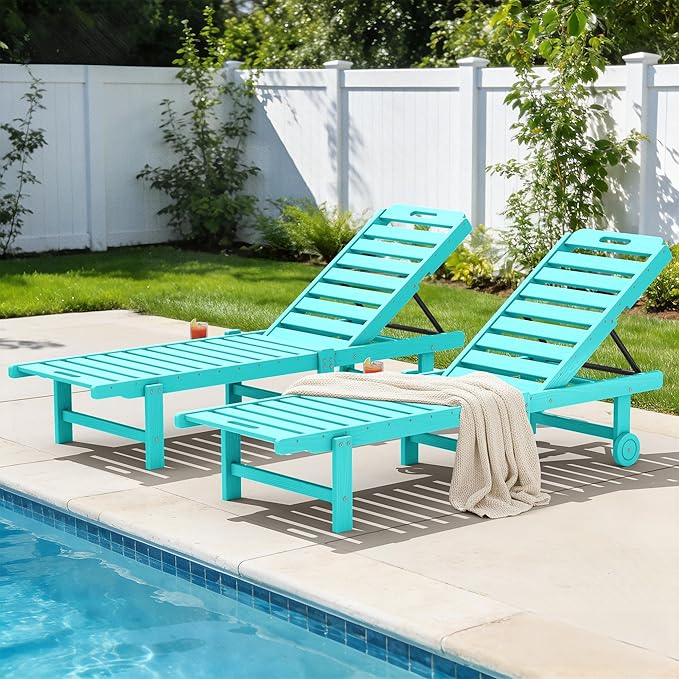 SERWALL Outdoor Chaise Lounge Set of 2, All-Weather HDPE Pool Lounge Chairs with 5-Position Adjustable Backrest, Rolling Wheels & Cup Holder for Poolside, Aruba