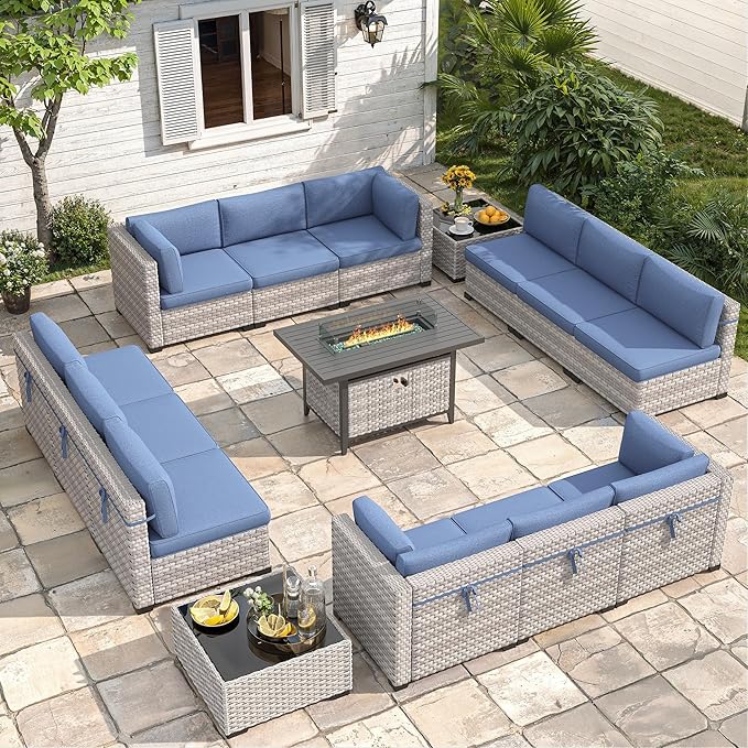 12-Seat Modern Outdoor Wicker Rattan Patio Furniture Set with 55,000 BTU Fire Pit Table, Thick 4″ Cushions, All-Weather Dual-Strand Rattan, Rust-Resistant Steel Frame,Navy