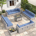 12-Seat Modern Outdoor Wicker Rattan Patio Furniture Set with 55,000 BTU Fire Pit Table, Thick 4″ Cushions, All-Weather Dual-Strand Rattan, Rust-Resistant Steel Frame,Navy